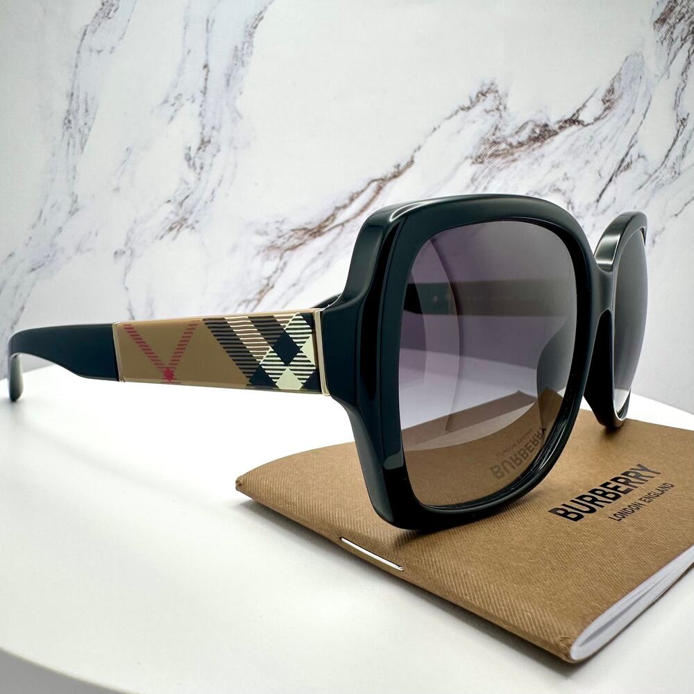 New Burberry Sunglasses Black Square Frames Checkered Arms Gradient BURBERRY - Picture 7 of 16